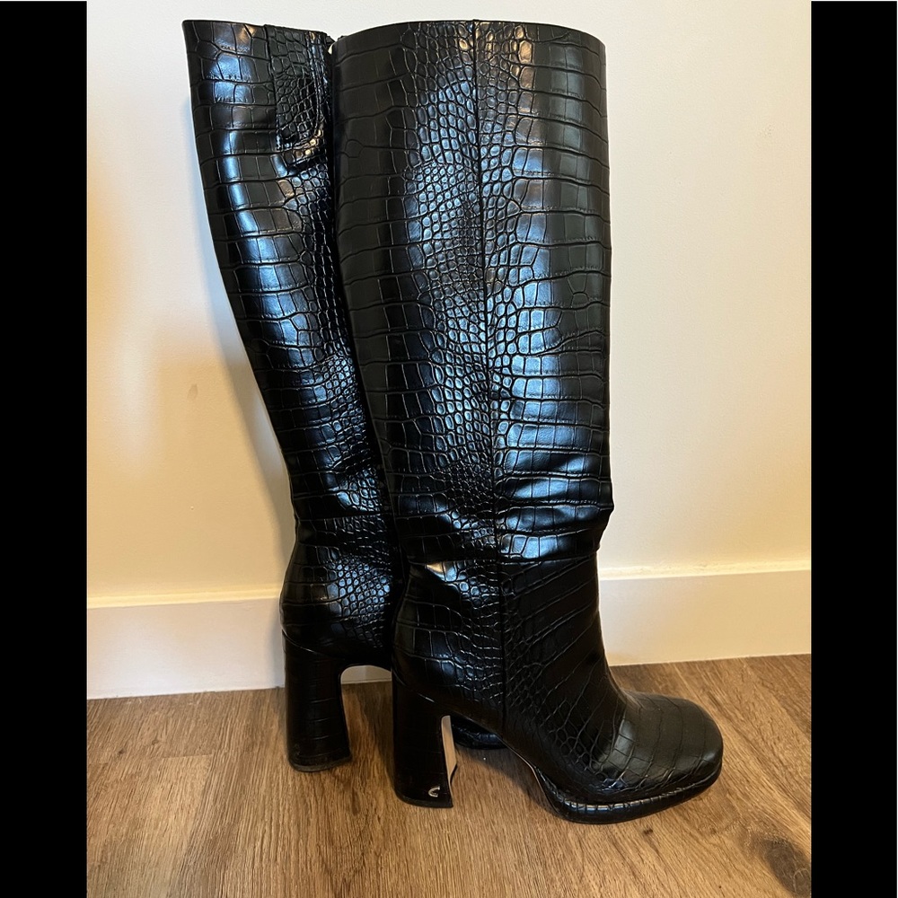 Sam Edelman Black Croc-Embossed Knee-High Heeled Boots - Picture 6 of 9